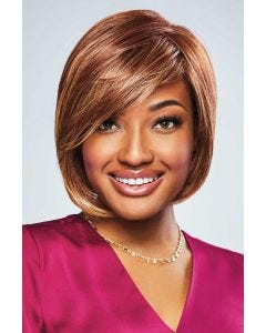 Afro American woman with a chin length medium red bob wig with side bangs