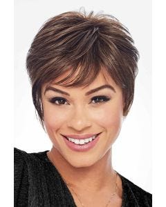 Woman in a medium brown pixie wig with longer hair on the top and sides