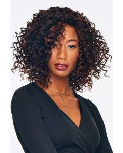 Black woman in a shoulder length dark brown and red curly layered wig
