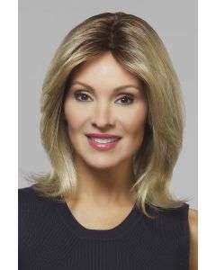 Woman in a shoulder length straight light blonde lace front wig