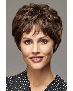 Woman in a full dark auburn lace front pixie wig