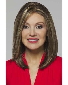 Woman in a past the shoulders blunt dark brown lace front wig