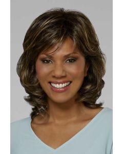 Black woman in medium length layered brown wig with bangs and frosted highlights
