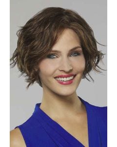 Woman in a chin length wavy dark brown lace front bob wig