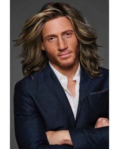 Man in a shoulder length layered medium brown lace front wig