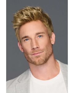 Man in a short ash blonde lace front wig with longer hair on top