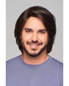 Man in a shoulder length dark brown human hair wig with shorter sides