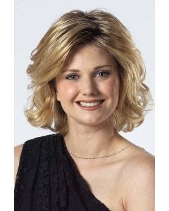 Woman in a shoulder length light blonde wavy lace front wig