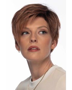 Woman in a light brown lace front pixie wig with longer layers on top