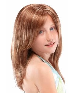Young girl in a long, textured children's wig with face framing layers