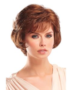 Woman in short to chin length red wavy wig with bangs and layers