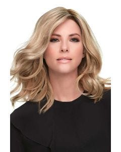 Woman in a 12" light blonde wavy lace front hair topper for thinning hair