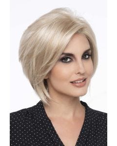 Woman in an angled shoulder length blonde layered lace front bob