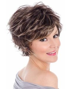 Woman in a dark brown tousled layered short wig with side bangs