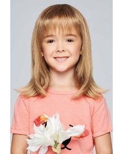 Little girl in a past the shoulders straight blonde wig with bangs