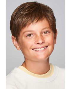 Young boy in a short layered medium brown children's wig