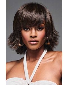 Black woman in a shoulder length dark brown lace front wig with long feathered layers
