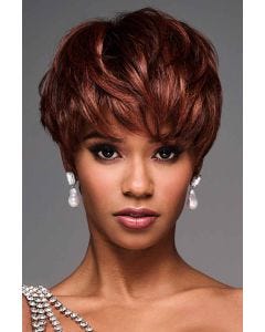 African American woman in a long dark red lace front pixie wig
