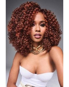 Black woman in a past the shoulders layered dark red curly lace front wig