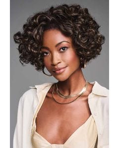 African American woman in a chin length dark brown curly lace front wig