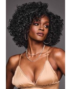 Afro American woman in a shoulder length curly black lace front wig