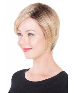 Woman in a chin length light blonde lace front 6" hair topper for thinning hair