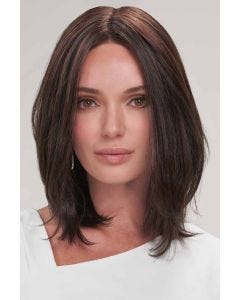 Woman in a past the shoulders light blonde straight lace front wig