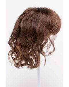 6" to 11.5" dark auburn wavy hair topper with bangs on stand