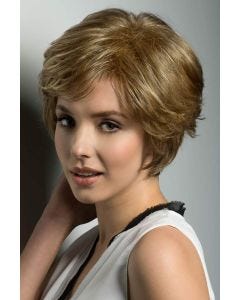 Woman in a short dark blonde lace front wiglet with side bangs