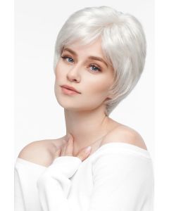 Woman in a short white layered lace front wig with side bangs