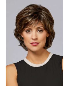 Woman in a past the chin dark brown layered bob wig with wispy bangs