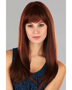 Woman in extra long fire red wig with long layers and arched bangs