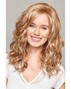 Woman in a past the shoulders curly light auburn lace front wig