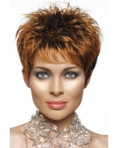 Woman in a petite messy light red pixie wig with fringe bangs