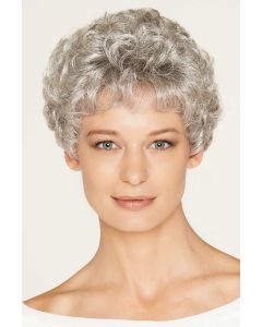 Woman in a petite short curly grey wig