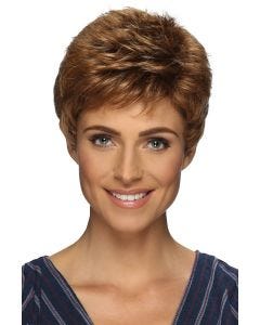 Woman in a petite classic light auburn pixie wig with fringe bangs