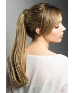 Woman in a 18" straight light brown clip on ponytail