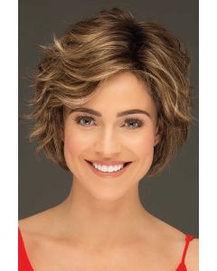 Woman in a chin length light brown curly layered lace front bob wig