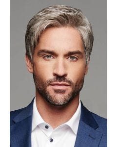 Man in a short evenly cut light brown and grey lace front wig