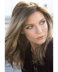 Woman in an extra long light brown wiglet hair topper