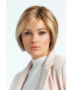 Woman in a chin length light auburn layered lace front rounded bob wig with side bangs
