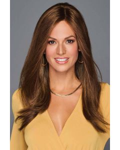 Woman in a 16" straight medium brown human hair topper for thinning hair