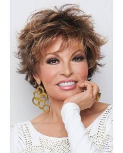 Raquel Welch in a brunette and red textured, tousled pixie wig with textured bangs