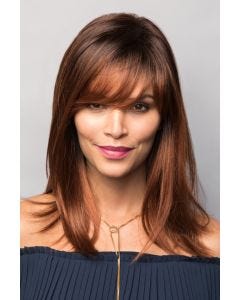 Woman in a long, straight deep burgundy wig with long side bangs