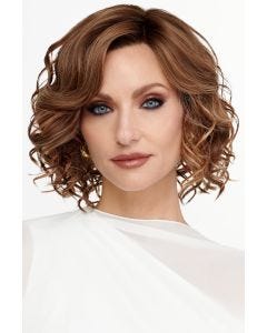 Curly chin-length bob wig with side-swept volume, lace front hairline, and defined copper curls