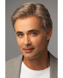 Man in a short brushed back dark ash blonde wig