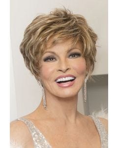 Raquel Welch in a layered blonde pixie wig with textured layers and bangs