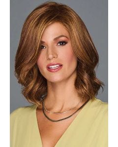 shoulder-length wig with loose barrel curls and side-swept face framing