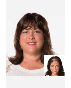 Woman in 4" to 8.5" dark brown hair topper for thinning hair