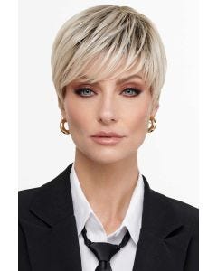 Short pixie wig with wispy side-swept bangs and tapered layers
